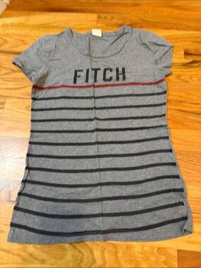 Abercrombie & Fitch Gray Striped Tee with Navy Stripes and Red Accent